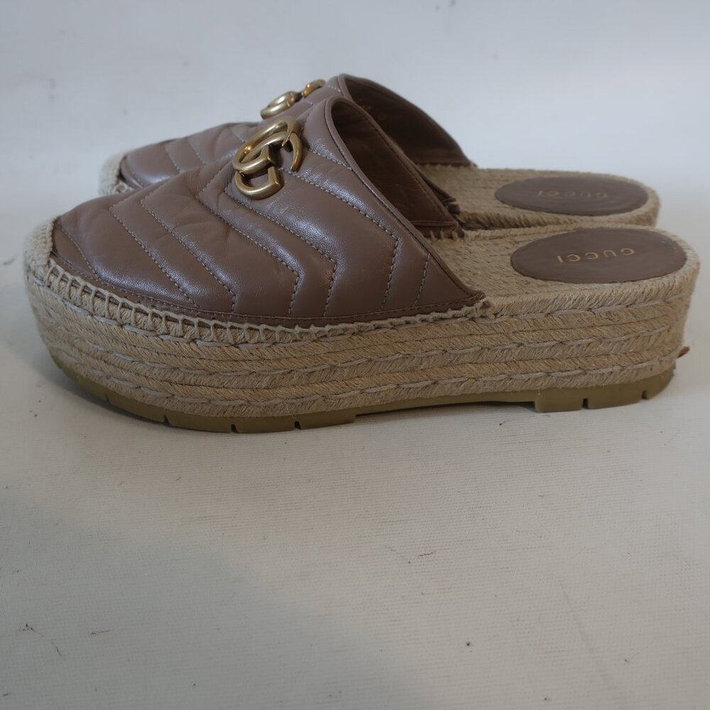Authentic Gucci Marmont Taupe Leather GG Espadrille Flat Platform Mule 39 US/8.5 - Picture 4 of 14